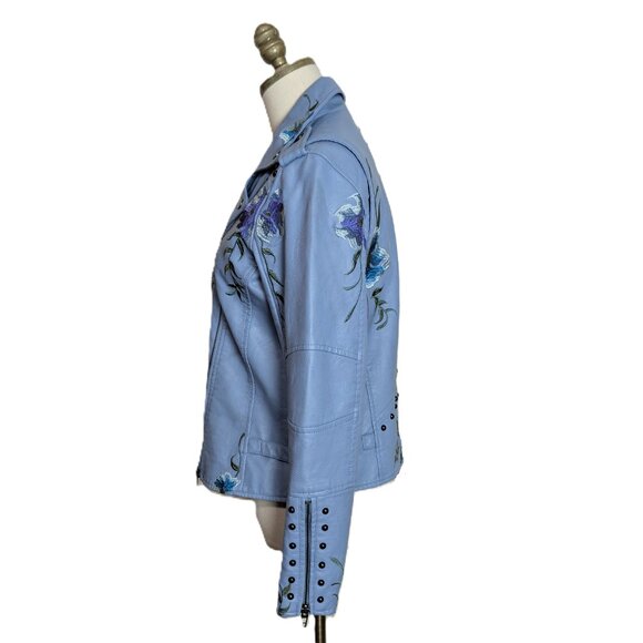 Colleen Lopez Blue Floral Embroidered Faux Leather Moto Jacket Size S Studded - Picture 4 of 6